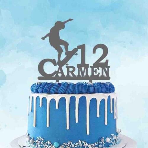 Custom Name Age Boy Playing Skateboard Silhouettes Cake Topper For Birthday Party Cake Decoration Topper