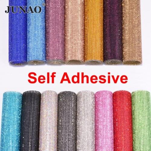 JUNAO 24*40cm Colorful Self Adhesive Glass Rhinestone Mesh Trim Diamond Strass Fabric Sheet Crystal Stickers for Jewelry Crafts