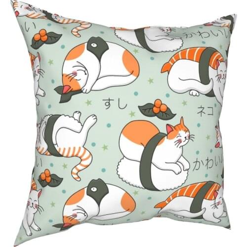 Kawaii Neko Sushi Cat Pillowcase Printing Polyester Cushion Cover Decorations Japan Throw Pillow Case Cover Home 45*45cm