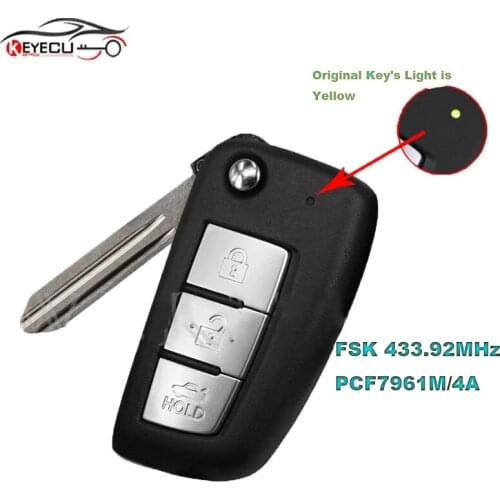 KEYECU FSK 433.92MHz Flip Remote Key (Yellow Led ) 3 Button PCF7961M / 4A Chip Replacement for Nissan Sylphy 2019 2020