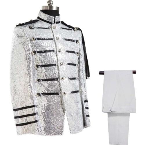 New Brand Mens Luxurious Royal Palace Silver Shiny Sequined Suits Slim Fit Suits Stage Singers Costumes Men Tuxedo 2018