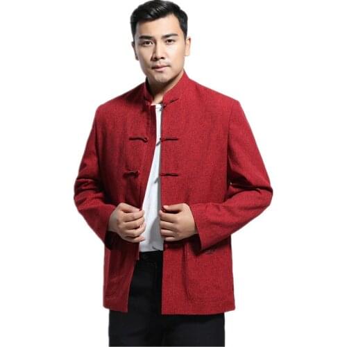 Autumn New Red Men Cotton Jacket Chinese Style Kung Fu Coat Vintage Totem Outwear Size M L XL XXL XXXL