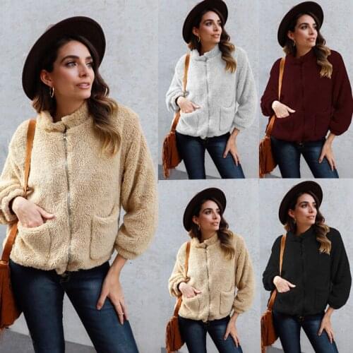 Autumn women fashion slim stand collar soft fleece fabric thermal casual outerwear jacket