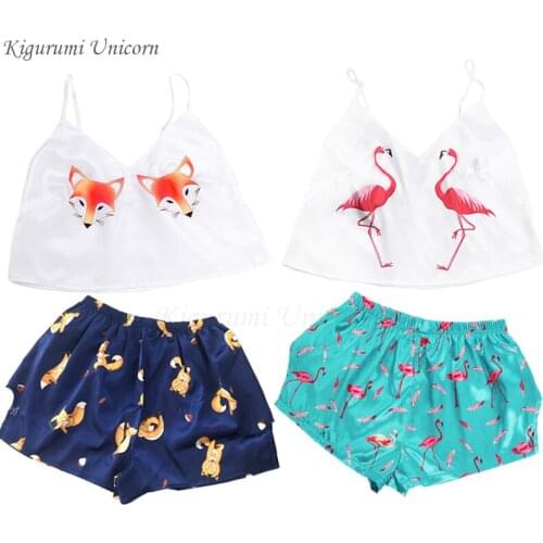 Fox Cartoon Print Lovely Sleepwear Summer V Neck Sexy Pyjamas Women Spaghetti Strap Loose Pijama Home Suit Kigurumi Unicorn