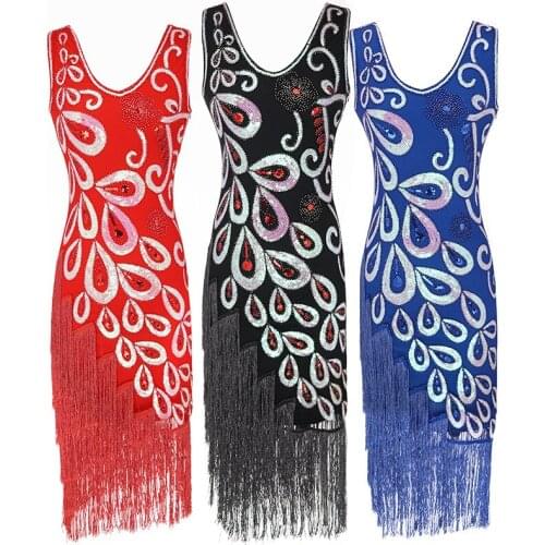1920s Gatsby Charleston Sequin Peacock Bead Fringe Flapper Dress Vestido Robe Double V-Neck Sleeveless Tiered Tassel Party Dress