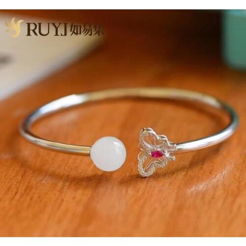 Silver Bracelet Female Sterling Silver Young Fine Natural Hetian Jade Open-Ended Bracelet Butterfly Antique Retro Bracelet Femal