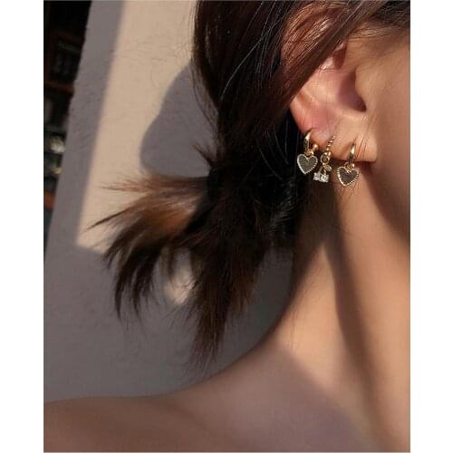 Trendy 4Pcs/Set Love Heart Gold Color Small Earrings Cherry Rhinestone Stud Earrings for Women Cute Romantic Earrings