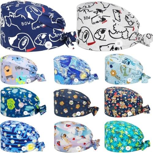 Adjustable Cotton Nurse Hat Unisex Fashion Print Bandage Sanitary Hats with Sweatband Beauty Salon Dental Working Surgicals Caps