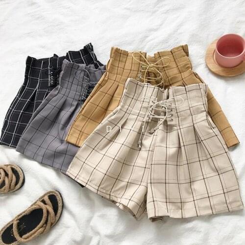 Shorts female high waist flower bud pants female student Korean lace up plaid loose thin versatile fashion hot pants female