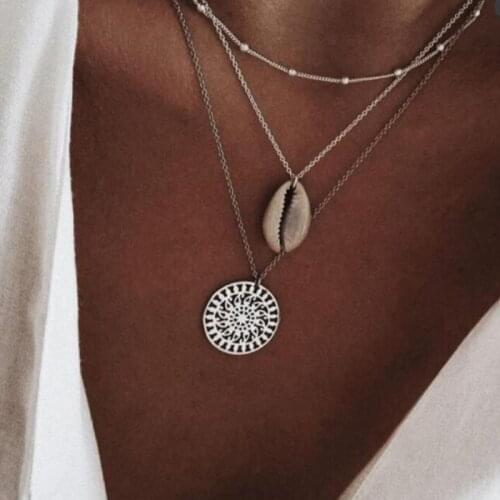 Tocona Vintage Round Sun Shell Hollow Pendant Layered Necklace For Women Girl Boho Beach Silver Color Bead Jewelry Collar 3395