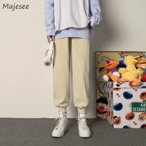 Sweatpants Men Bundle Feet Corduroy Elastic Waist Ankle-length Loose Soft Winter Thicker Warm Trendy Chic Simple Casual Harajuku