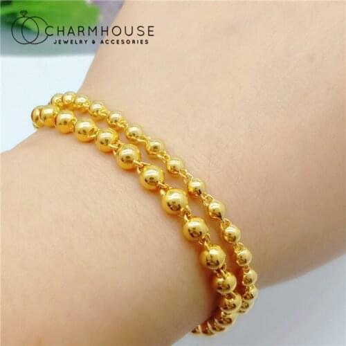 24K Yellow Gold GP Charm Bracelets For Women 4/5/6mm Buddha Bead Chain Bracelet Wristband Pulseira Femme Trendy Jewelry Bijoux