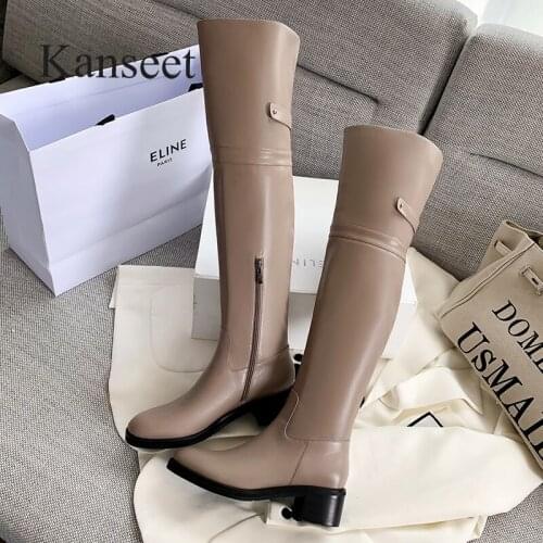 Kanseet Round Toe Stretch Women Over The Knee Boots 2021 Autumn Winter New Fashion 5cm Mid Heels Zip Female Long Boots Size 40