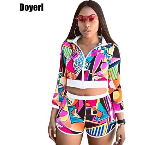 Autumn Women Sets Clothes Long Sleeve Zipper Jacket Crop Top and Shorts Set Geometric Print 2 Piece Set Women Tracksuit Shorts