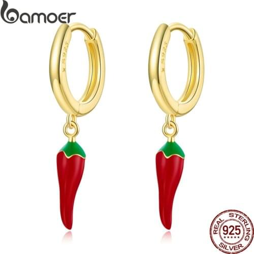 Bamoer 925 Sterling Silver Red Enamel Pepper Gold Hoop Earrings Buckle Cartoon Plant Earrings for Women Fine Jewelry SCE1206
