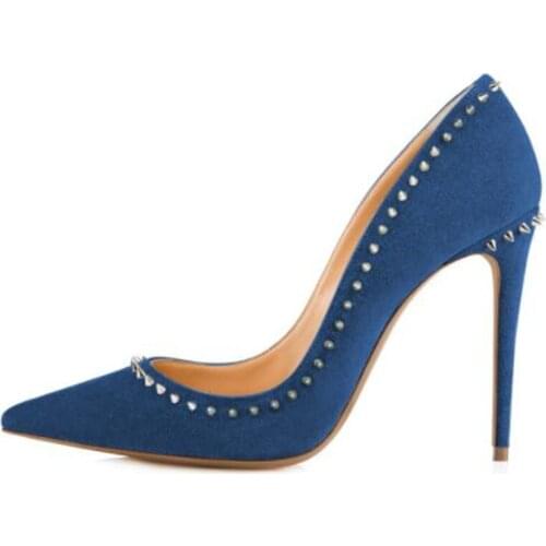 2021 Spring Fashion High Heel Flock Material Womens Pointed Party Wedding Shoe For Woman Plus Size Heels 12cm Blue Color 30