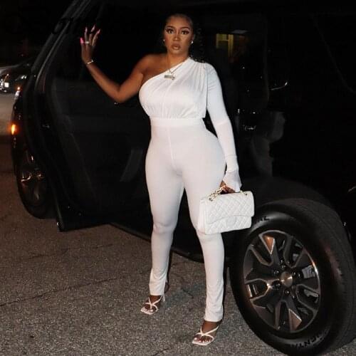 Bomblook Sexy Party Club Jumpsuits Summer Female 2021 Solid One Sleeve Pleated Patchwork Jumpsuits Women Streetwears