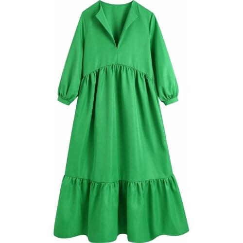 Pinkou Women Elegant Green Midi Dress V Neck Three Quarter Sleeve Straight Style One Piece Vintage Dresses Vestido QA177