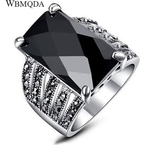 Fashion Black Glass Drill Crystal Ring Punk Rock Big Geometric Silver Color Rings For Women Vintage Jewelry Accessories