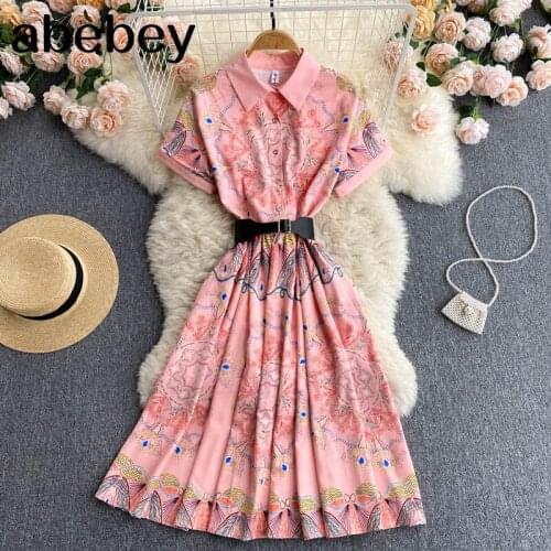 Women Court Wind Print Maxi Dress Retro Turndown-Collar Puff Sleeve A-line Dresses Summer Bohemian Vacation Long Dress