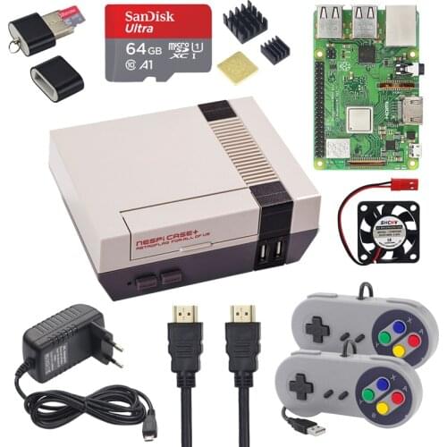 NESPi CASE+ Raspberry Pi 3 Model B+ Kits + 32/64/128 GB SD Card + Power Adapter + Heat Sink + 2 Gamepad Controller for Retropie