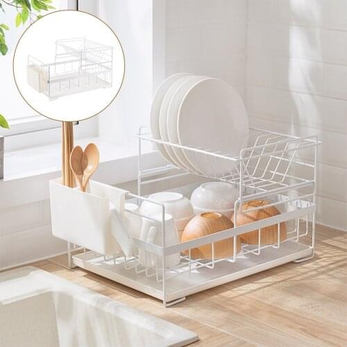 Double Layer Dish Drainer with Drain Tray Towel Rack Dishes Storage Rack Drying Rack Kitchen Organizer Utensils Holder