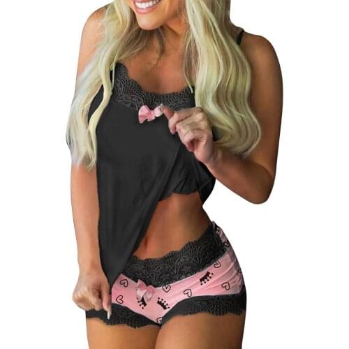 New Women Ladies Casual Pajamas Sets Homewear Spaghetti Straps Lace Camisoles Tank Tops and Shorts Sleepwear Black Pink