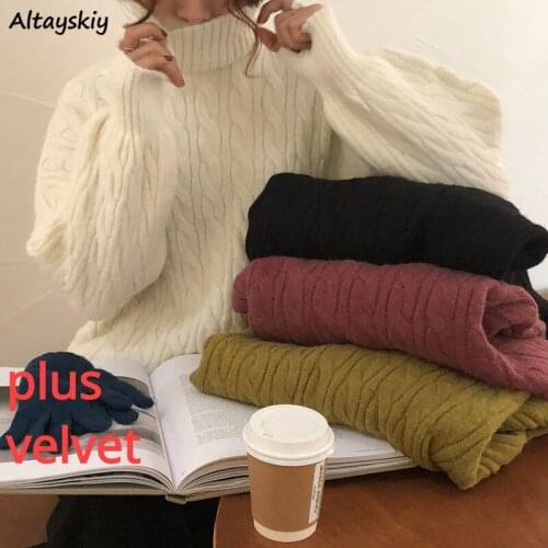 Solid Sweaters Women 3XL Plus Size Turtleneck Plus Velvet Korean Style College Spring All-match Female Pullovers Autumn Trendy