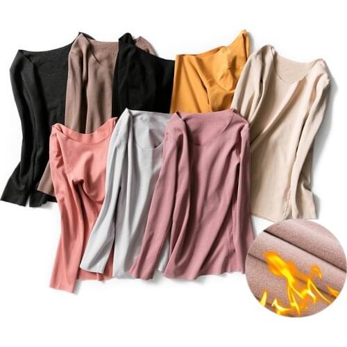 Autumn Winter Women Long Sleeve Traceless T Shirt Tees Warm Thick Velvet T-Shirts Female Bottoming Shirt Tops Plus Size AB1490