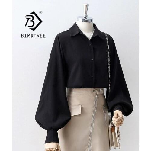 Autumn New Women Vintage Big Lantern Sleeve Blouse For Female Turn-Down Collar Button Up Elegant Black Shirt Fall Winter Tops