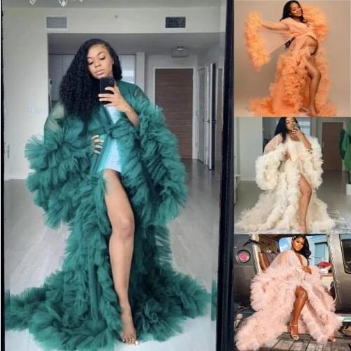 Sexy See Thru Ruffles Pregnant Woman Prom Dresses Puffy Long Sleeves Tulle Tiered Ruched Robe Evening Gowns African Vestidos