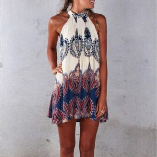 Women Dresses Summer Ladies Bohemian loose Print Casual Party Beach Mini Halter Dress Sundress Hot Size has been corrected