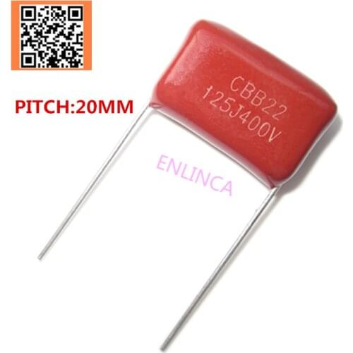 10pcs 400V 1.2UF 1200NF 125J 1.5UF 1500NF 155J 2.2UF 2200NF 225J Pitch 20mm 400V 5% DIP CBB Polypropylene film capacitor