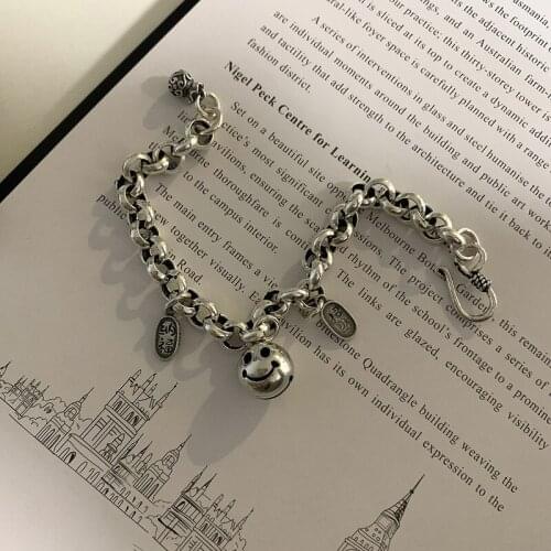 Origin Summer High Street Silver Color Smile Face Lucky Money Bag Charm Bracelet for Women Circle Chunky Chain Bracelet Jewelry