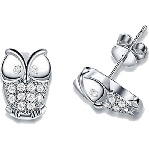 New Fashion 925 Sterling Silver Mini Animal Owl Jewelry Shiny CZ Crystal Woman Stud Earrings Girls Birthday Gift Ear Studs