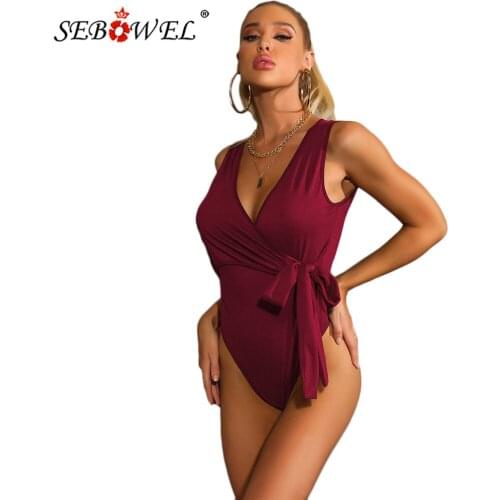 SEBOWEL Sexy Deep V Solid Bow Tie Bodysuit Woman Red/Blue/Black Bodycon Jumpsuit Female 2021Summer Sleeveless Slim Body Tank Top