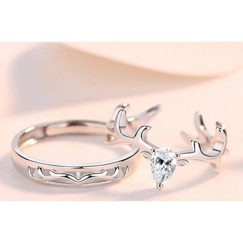 Crystal Elk Antlers Adjustable Rings Deer Horn Zircon Lovers Couples Rings For Women Men Engagement Wedding Jewelry Gifts