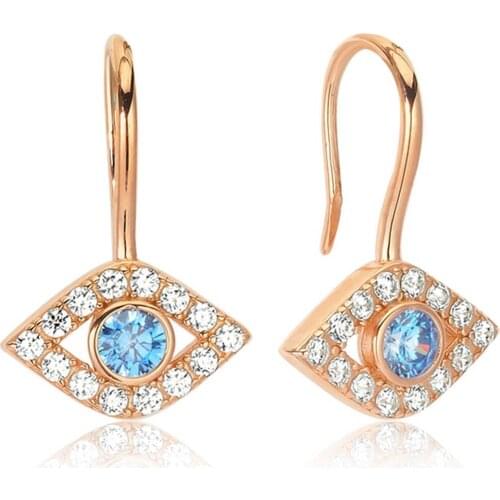 Valori Jewels Showy Evil Eye, Zirconia White And Fancy Blue Gemstone, Rose Gold Plated, Sterling Silver Fish Hook Earrings