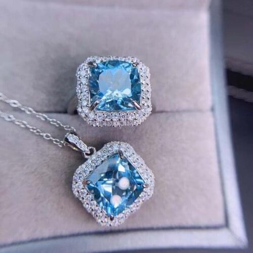 925 Sterling Silver Natural Topaz Jewelry Sets for Women Party Necklace and Ring Fine Jewelry Real Blue Square gemstones Gifts