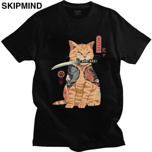 Funny Feline Cat T Shirt Humor Casual Cotton Graphic T-Shirt Men Short Sleeved Streetwear Tshirt Japanese Samurai Cat Tee Tops