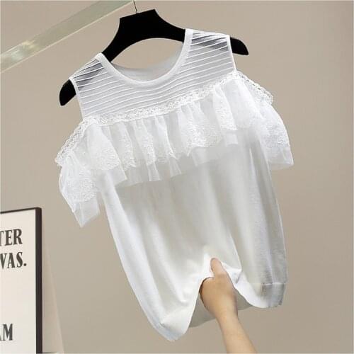 Tshirt Women Fashion Double-Layer Ruffled Stitching Hollow-out Flying Sleeves Knitted Slim-Fit Sexy Top T Shirts