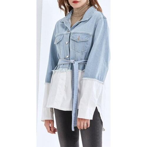 Women Patchwork Denim Shirt Jacket Casual Chic Wrap Waist Belted Jeans Coat Turn-down Collar Denim Top