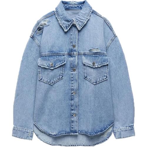 Za Womens Denim Shirt Jackets Hollow Out Coat Female Long Sleeves Tops Casual Loose Denim Coat Streetwear Fashion Jacket Woman