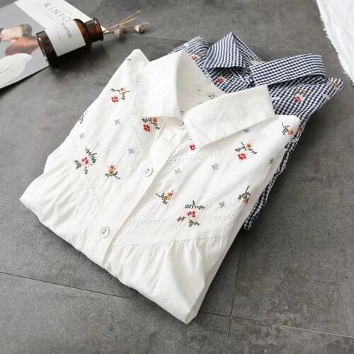 Spring Autumn Outfit New Colour Cross-stitch Long Sleeve Shirt Women Casual Sweet Loose Turn Down Collar Blusa Tops U262