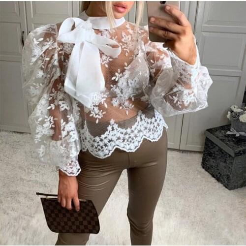 2019 Fashion Trend Women Crochet Sheer Tee Casual Shirts Mesh Puff Sleeve Tops Blouse Lady Clothes