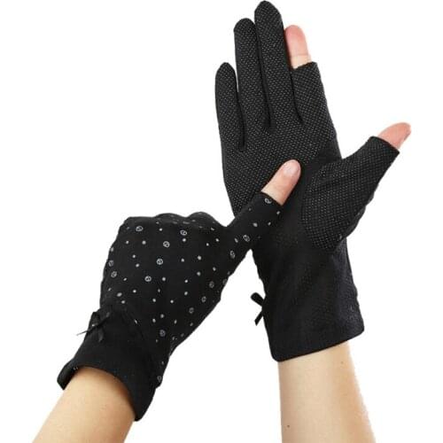 Female Summer Sunscreen Cotton Sun Driving Cycling Mittens Women Dot Bow Exposed Finger Touch Screen Thin Typing Gloves J79