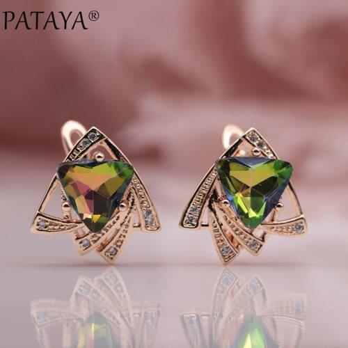 PATAYA New Arrivals 585 Rose Gold Multicolor Triangular Cubic Zirconia Dangle Earrings Women Wedding Earring Fine Cute Jewelry