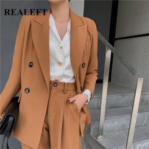 REALEFT New 2020 Autumn Winter Women Pants Suits Double Breasted Notched Blazer Jacket & Long Pant Office Wear Female Sets