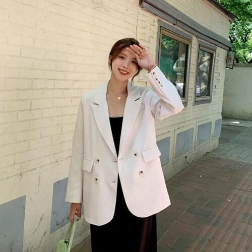 Spring Autumn 2021 Korean Women Loose Double Breasted Blazers Beige Black Lapel Long Sleeve Casual Suit Jacket Female Fashion