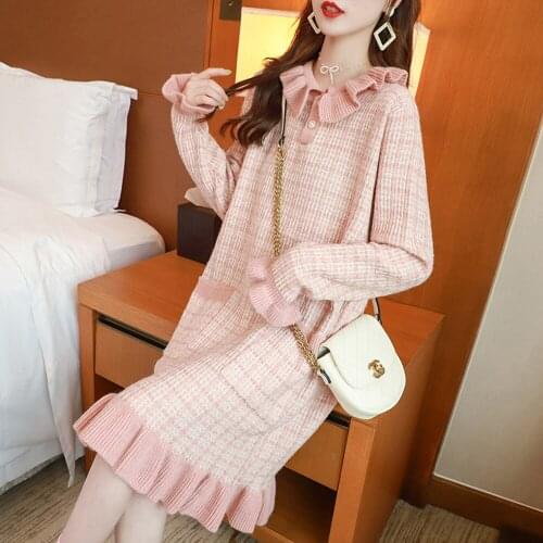 Autumn Winter Korean Sweet Long Sleeve Mermaid Short Women Dress Elegant Plaid Loose Knitted Sweater Dress Robe Femme